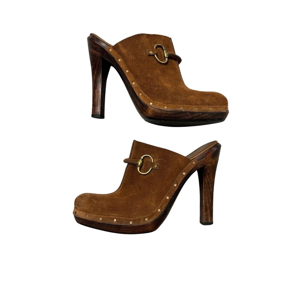 Y2K Gucci Brown Suede Horsebit Platform Mule Clogs Heels Size 7.5 Made in Italy - Picture 9 of 13